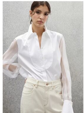 $2550 BRUNELLO CUCINELLI embellished organza and cotton-blend poplin shirt  (M)